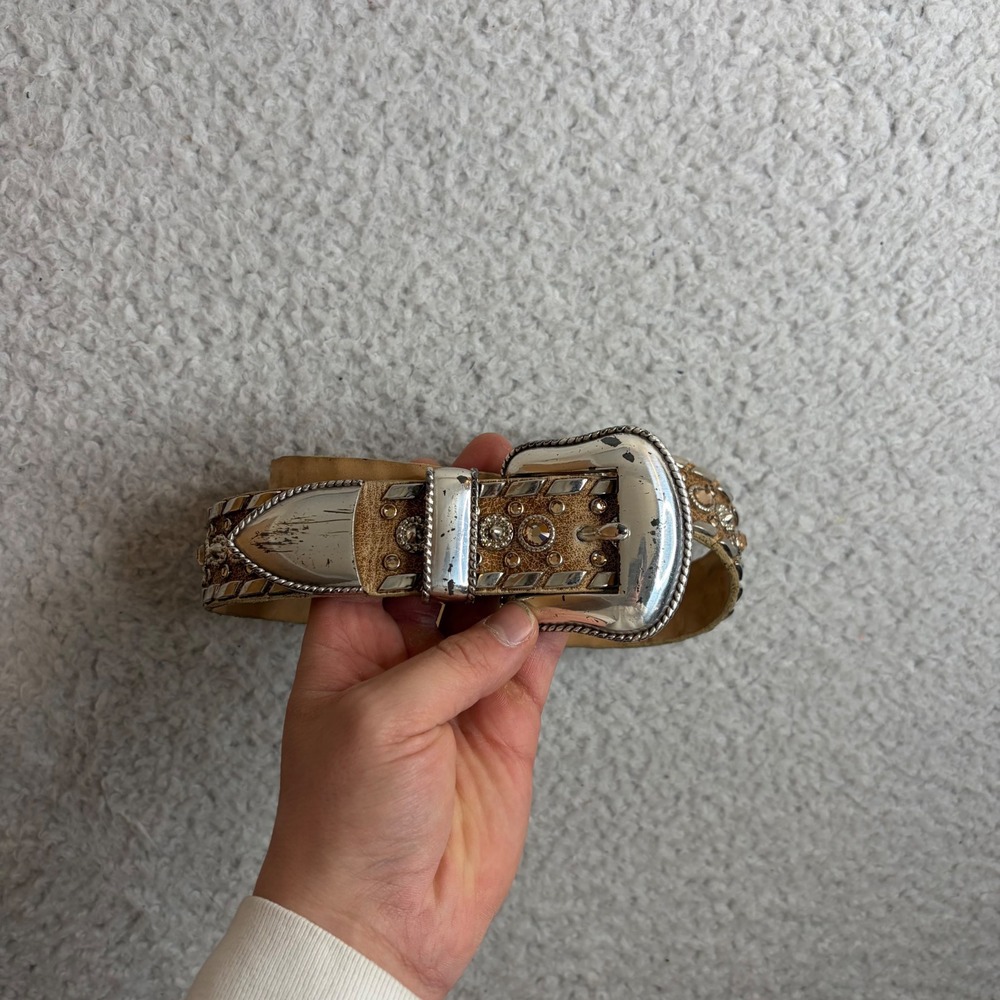 Leatherock Vintage Y2K Western Studded Rhinestone Leather Belt Tan Silver 5522